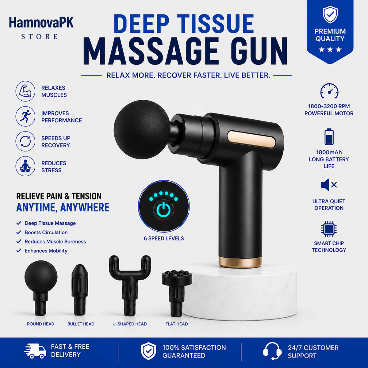 Deep Tissue Massage Gun – 6 Speed Percussion Muscle Massager for Pain Relief & Recovery